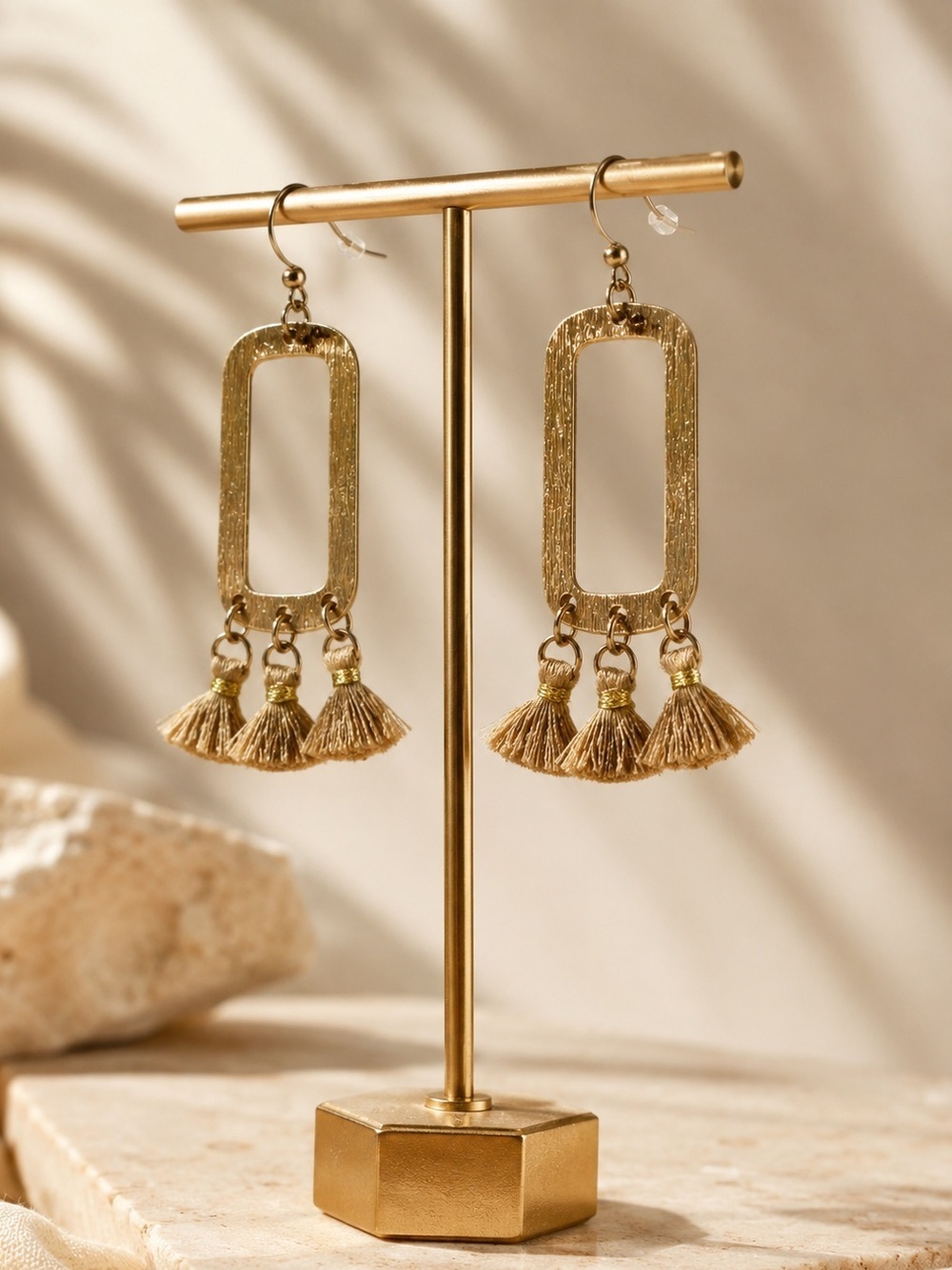Boho Gold Tassel Statement Earrings | Lightweight Rectangle Drop Dangle Earrings